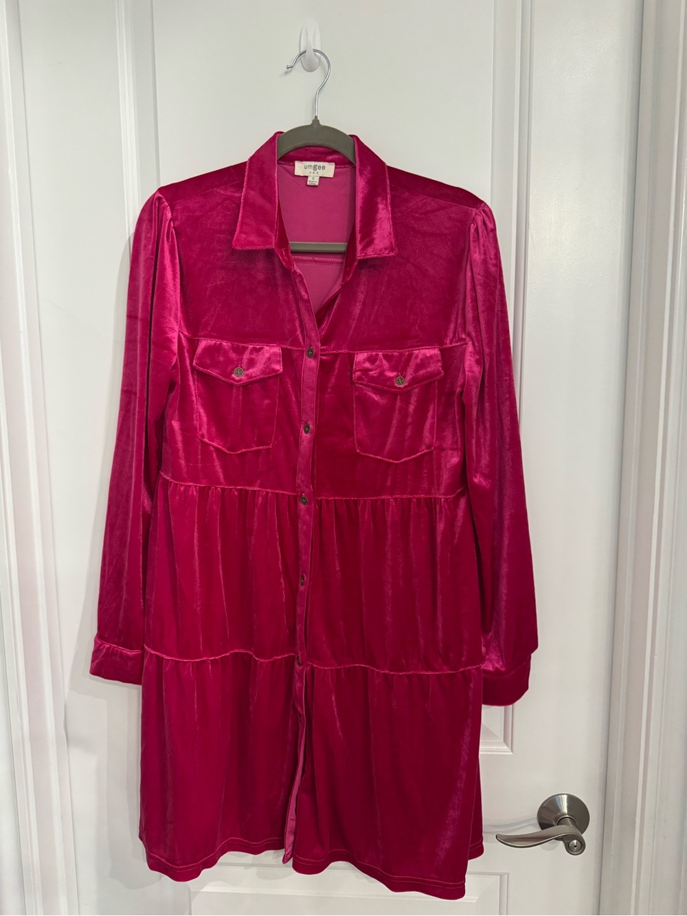 Umgee Pink Velvet Button-Front Tiered Shirt Dress